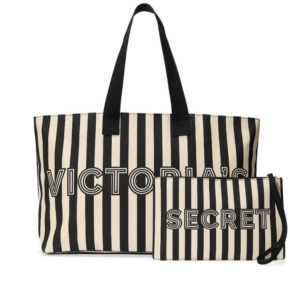 NEW Victorias Secret Graphic Stripe Tote & Wristlet Pouch Set